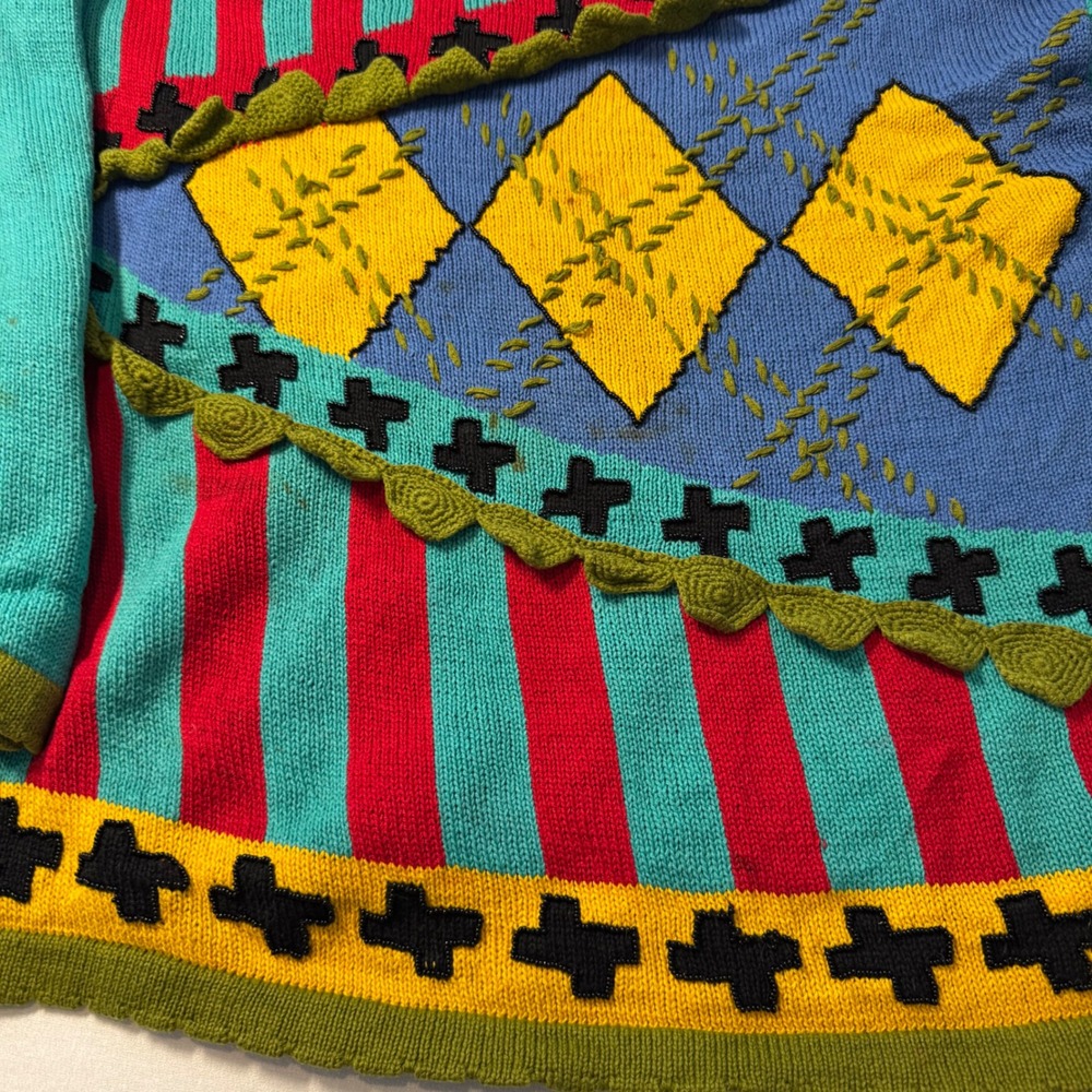 90s Vintage Retro Ann Wi Geometric Argyle Striped Knit Polo Sweater Large Beaded - Picture 3 of 15